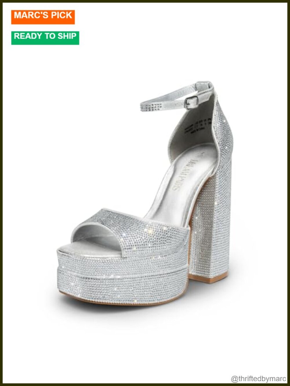 Platform Chunky Heel Sandals Square Toe Block Heel Ankle Strap Rhinestone